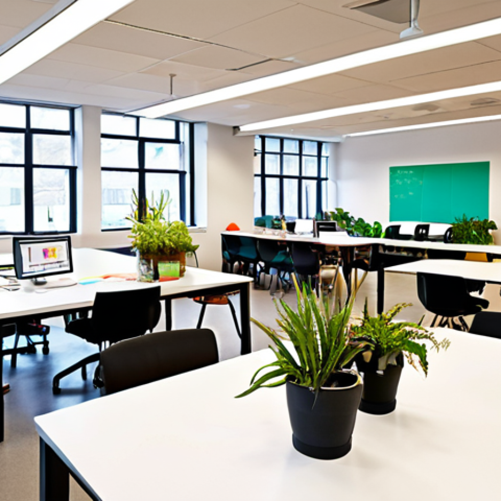 **
A brightly lit, modern open-plan office space with diverse teams collaborating around large tables and whiteboards covered in colorful notes. Include standing desks, comfortable seating areas, and plenty of plants. Emphasize a sense of energy, creativity, and collaboration. The scene should look inviting and foster a feeling of psychological safety.
**