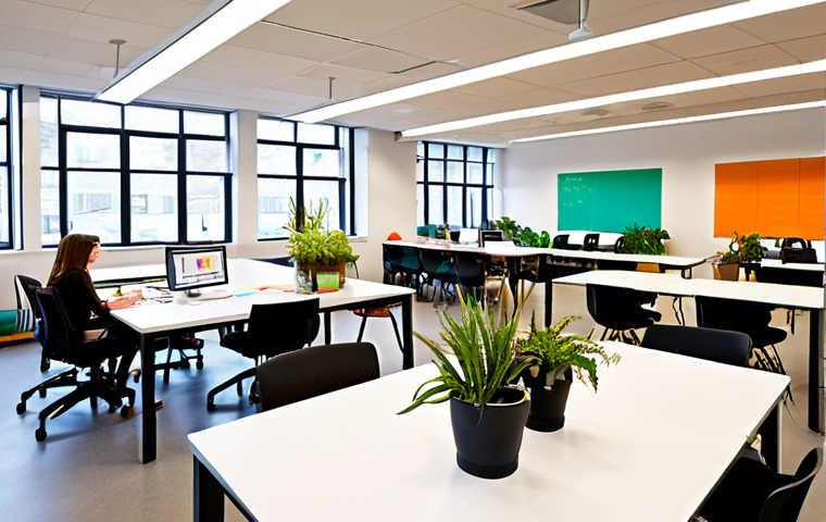 **
A brightly lit, modern open-plan office space with diverse teams collaborating around large tables and whiteboards covered in colorful notes. Include standing desks, comfortable seating areas, and plenty of plants. Emphasize a sense of energy, creativity, and collaboration. The scene should look inviting and foster a feeling of psychological safety.
**