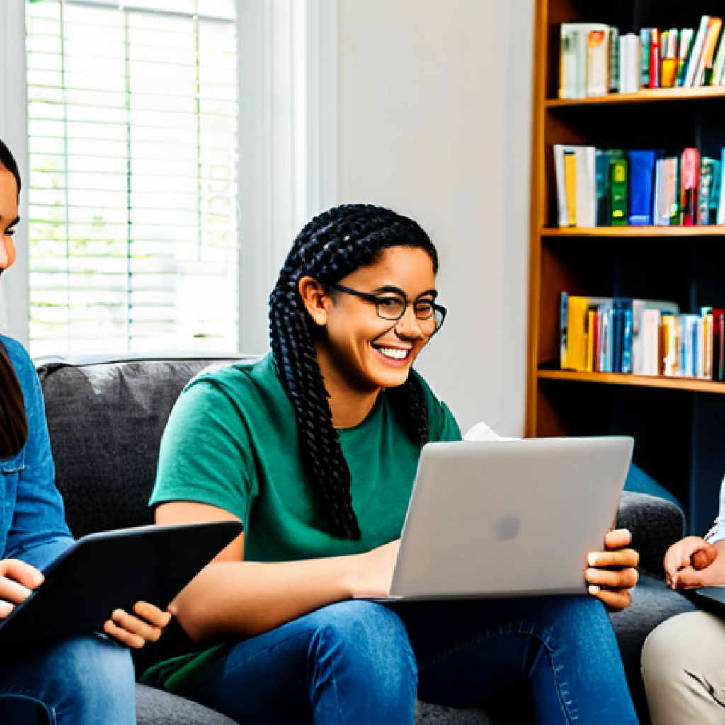 Online Learning Community**
A diverse group of students, fully clothed in casual and modest attire, participating in an online learning session via laptops and tablets. The setting is a cozy living room with soft lighting and bookshelves in the background. Each student is smiling and engaged. safe for work, appropriate content, professional, perfect anatomy, correct proportions, well-formed hands, natural poses, high-resolution, digital art.
**