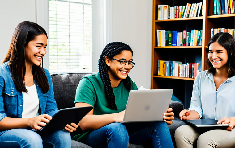 Online Learning Community**
A diverse group of students, fully clothed in casual and modest attire, participating in an online learning session via laptops and tablets. The setting is a cozy living room with soft lighting and bookshelves in the background. Each student is smiling and engaged. safe for work, appropriate content, professional, perfect anatomy, correct proportions, well-formed hands, natural poses, high-resolution, digital art.
**
