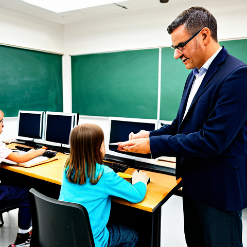 Digital Literacy in Action**
"A teacher in a modern classroom, assisting students with computers, demonstrating safe online practices, fully clothed, appropriate attire, safe for work, perfect anatomy, correct proportions, well-formed hands, professional setting, bright and educational atmosphere, digital literacy concept, family-friendly."
**