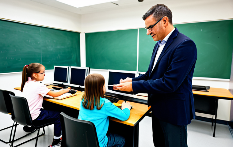Digital Literacy in Action**
"A teacher in a modern classroom, assisting students with computers, demonstrating safe online practices, fully clothed, appropriate attire, safe for work, perfect anatomy, correct proportions, well-formed hands, professional setting, bright and educational atmosphere, digital literacy concept, family-friendly."
**
