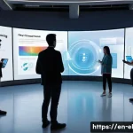 Home 19 지식생태계의 최신 기술 동향 - A futuristic AI-driven personalized learning environment showing a diverse group of adult learners i...