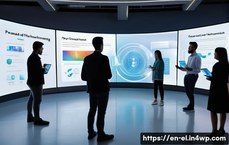 지식생태계의 최신 기술 동향 - A futuristic AI-driven personalized learning environment showing a diverse group of adult learners i...