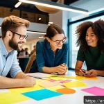 Home 16 지식생태계와 크라우드소싱의 활용 - A vibrant co-creation workshop scene showing a diverse group of professionals—engineers, marketers, ...