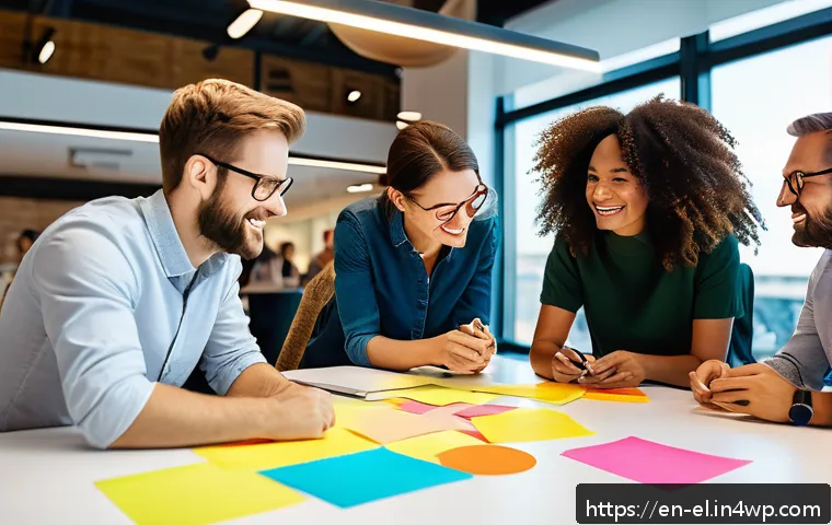 지식생태계와 크라우드소싱의 활용 - A vibrant co-creation workshop scene showing a diverse group of professionals—engineers, marketers, ...