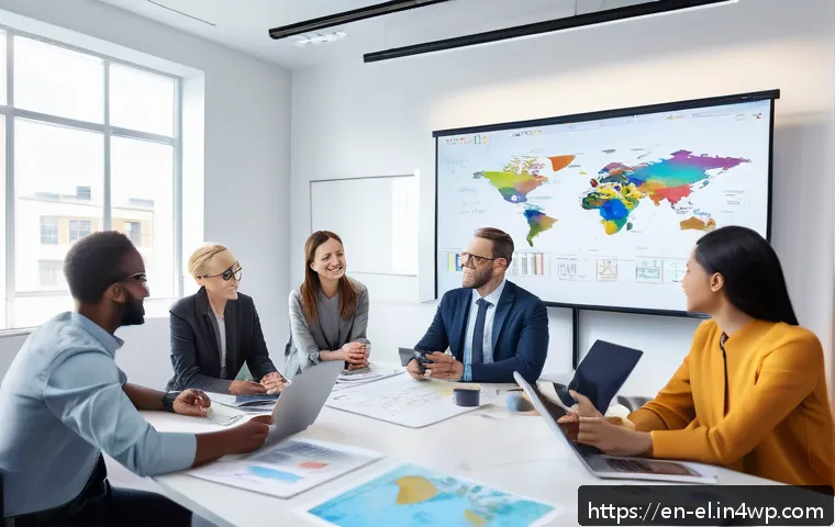 지식생태계 조성을 위한 이해관계자 참여 - A diverse group of professionals gathered around a modern conference table in a bright, open office ...